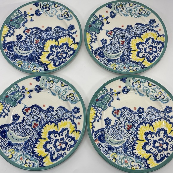 Anthropologie Victoria Dinner Plate Cobalt Blue Yellow Floral Victorine Set of 4 - Picture 1 of 7